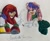 Size: 3697x3024 | Tagged: safe, artist:shayla-arts, julie-su, knuckles the echidna, echidna, 2024, duo, eating, female, food, fruit, grapes, julie-su x knuckles, male, shipping, simple background, sitting, straight, traditional media, white background