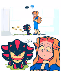 Size: 1755x2048 | Tagged: safe, artist:mercurio-shadowz, maria robotnik, shadow the hedgehog, hedgehog, human, ..., 2025, aged down, baby, barefoot, duo, female, flat colors, liquid, looking at each other, male, paws, puddle, sfx, simple background, speech bubble, standing, walking, wet, white background