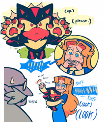 Size: 1755x2048 | Tagged: safe, artist:mercurio-shadowz, gerald robotnik, maria robotnik, shadow the hedgehog, hedgehog, human, 2025, aged down, baby, barefoot, carrying them, claws, crying, cute, english text, female, flat colors, frown, lifting them, liquid, male, one fang, pawpads, paws, pointing, puddle, sfx, simple background, standing, sweatdrop, tears, tears of happiness, trio, wet, white background