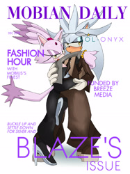 Size: 2048x2745 | Tagged: safe, artist:xtc_0o, blaze the cat, silver the hedgehog, cat, hedgehog, 2026, alternate version, clothes, duo, english text, female, fully clothed, glasses, hugging, looking at viewer, magazine cover, male, pants, shipping, silvaze, straight, suit, white background