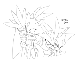 Size: 2000x1570 | Tagged: safe, artist:guitar_00000001, blaze the cat, silver the hedgehog, 2025, blushing, duo, greyscale, hugging from behind, korean text, monochrome, shipping, silvaze, simple background, sketch, standing, straight, white background