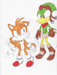 Size: 2548x3312 | Tagged: safe, artist:bluespeedsfan92, miles "tails" prower, speedy, bird, fox, 2011, alternate outfit, alternate shoes, boots, duo, duo male, eyewear on head, frown, gloves, goggles, goggles on head, looking at each other, male, males only, pencilwork, shoes, simple background, standing, traditional media, white background