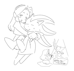 Size: 1614x1533 | Tagged: safe, artist:guitar_00000001, maria robotnik, shadow the hedgehog, human, 2025, duo, eyes closed, greyscale, hand fan, holding something, korean text, looking at them, monochrome, simple background, sitting, sitting on lap, sitting on them, sketch, smile, white background