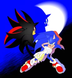 Size: 1640x1768 | Tagged: safe, artist:guitar_00000001, shadow the hedgehog, sonic the hedgehog, sonic adventure 2, 2025, chaos emerald, duo, grin, hand on own arm, holding something, mouth open, smile, soap shoes