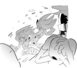 Size: 1702x1517 | Tagged: safe, artist:guitar_00000001, shadow the hedgehog, sonic the hedgehog, 2025, fight, greyscale, group, kicking, looking at each other, looking at them, monochrome, simple background, sketch, sonic boom (tv), white background