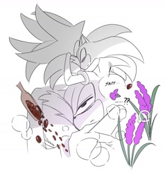 Size: 1736x1822 | Tagged: safe, artist:guitar_00000001, shadow the hedgehog, sonic the hedgehog, 2025, coffee beans, duo, english text, flower, gay, lavender, lidded eyes, lying down, monochrome, shadow x sonic, shipping, simple background, sleeping, white background