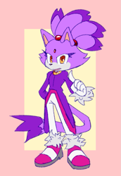 Size: 741x1080 | Tagged: safe, artist:onifellom, blaze the cat, cat, 2023, eyelashes, female, flat colors, hand behind back, looking at viewer, mouth open, pointing, solo, solo female