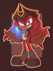 Size: 954x1280 | Tagged: safe, artist:onifellom, knuckles the echidna, echidna, sonic prime, 2023, brown gloves, brown shoes, clenched teeth, gloves, hat, holding something, knuckles the dread, looking at viewer, male, outline, paradox prism, shoes, smile, smiling at viewer, solo, solo male