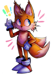 Size: 1080x1574 | Tagged: safe, artist:dirtyhandslolo, miles "tails" prower, fox, 2022, :o, chest fluff, ear fluff, exclamation mark, fluffy, hand on hip, looking offscreen, male, mouth open, pointing, simple background, solo, solo male, standing, white background