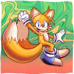 Size: 2048x2048 | Tagged: safe, artist:s0lur, miles "tails" prower, 2026, abstract background, alternate version, blue shoes, border, clenched fist, male, mouth open, one fang, open smile, redraw, smiling at viewer, solo, solo male, sonic advance 3
