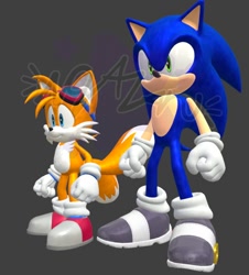 Size: 672x744 | Tagged: safe, artist:novazaru, miles "tails" prower, sonic the hedgehog, fox, hedgehog, 2026, 3d, alternate outfit, alternate shoes, black background, clenched fists, duo, duo male, eyewear on head, goggles, goggles on head, looking offscreen, male, males only, obtrusive watermark, purple shoes, simple background, smile, standing, watermark