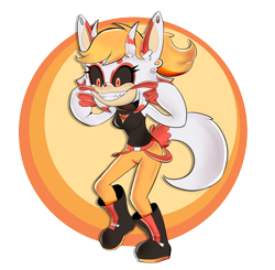 Size: 4692x4599 | Tagged: safe, artist:0megium, oc, oc:aguona the opossum, beanbrows, belt, black sclera, boots, claws, clenched teeth, ear fluff, eyelashes, female, fur markings, horns, looking offscreen, oc only, opossum, pants, semi-transparent background, shirt, smile, solo, solo female, style emulation, turtleneck, uekawa style