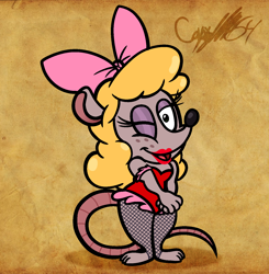 Size: 1340x1367 | Tagged: safe, artist:captainquack64, miss possum, adventures of sonic the hedgehog, 2022, barefoot, bow, eyelashes, female, fishnets, freckles, hair, hands together, mouth open, open smile, paws, possum, smile, smiling at viewer, solo, solo female, standing, wink, winking at viewer