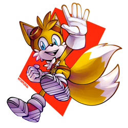 Size: 900x900 | Tagged: safe, artist:kaithephaux, miles "tails" prower, fox, 2022, clenched fist, looking at viewer, male, mouth open, open smile, semi-transparent background, smile, smiling at viewer, solo, solo male, sonic boom (tv), waving