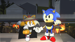 Size: 1920x1080 | Tagged: safe, artist:xmitsukox, miles "tails" prower, sonic the hedgehog, fox, hedgehog, 2018, 3d, cape, classic sonic, classic tails, duo, duo male, fence, grass, halloween, halloween outfit, hat, holding hands, holding something, house, jack o'lantern, lantern, male, outdoors, porch, pumpkin, scarf, smile, standing