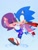 Size: 768x1024 | Tagged: safe, artist:cerberustheterrible, sally acorn, sonic the hedgehog, chipmunk, hedgehog, 2024, alternate outfit, alternate universe, carrying them, clothes, dress, duo, eyes closed, female, happy, looking at them, male, puddle, running, sally x sonic, shipping, straight, watermark, wedding dress