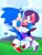 Size: 768x1024 | Tagged: safe, artist:cerberustheterrible, sally acorn, sonic the hedgehog, chipmunk, hedgehog, 2024, celebration, daytime, duo, freedom fighters, happy, hugging, sally x sonic, sally's ringblader outfit, shipping, straight, victory celebration, watermark