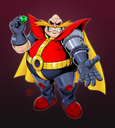 Size: 1800x1987 | Tagged: safe, artist:thecongressman1, robotnik, human, 2025, black sclera, chaos emerald, clenched teeth, gradient background, holding something, looking at viewer, male, red eyes, solo, solo male, sonic satam, standing