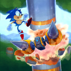 Size: 720x720 | Tagged: safe, artist:thecongressman1, sonic the hedgehog, hedgehog, marble garden zone, 2022, agender, classic sonic, clenched fists, debris, duo, dust clouds, male, mid-air, mouth open, outdoors, robot, smashing, sonic the hedgehog 3, tunnelbot
