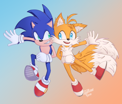 Size: 3500x3000 | Tagged: safe, artist:stellarfox03, miles "tails" prower, sonic the hedgehog, fox, hedgehog, 2026, cheek to cheek, clenched teeth, duo, duo male, gradient background, male, males only, mouth open, open smile, signature, smile