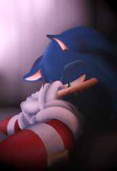 Size: 1598x2328 | Tagged: safe, artist:lightningchaos20, sonic the hedgehog, hedgehog, fanfic:survival's resolve, 2012, fanfiction art, floppy ear, injured, lidded eyes, male, sad, scratch (injury), sitting, solo, solo male, torn gloves, torn socks, wound