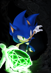 Size: 1598x2292 | Tagged: safe, artist:lightningchaos20, sonic the hedgehog, hedgehog, 2013, abstract background, cave, chaos emerald, holding something, lineless, looking at viewer, male, mid-air, reaching out, reaching towards the viewer, smile, smiling at viewer, solo, solo male