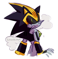 Size: 933x947 | Tagged: safe, artist:survivalstep, shard the metal, 2019, :/, black sclera, looking back, looking back at viewer, male, robot, signature, simple background, solo, solo male, white background