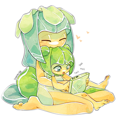 Size: 1000x1000 | Tagged: safe, artist:cheroy, cosmo the seedrian, galaxina the seedrian, seedrian, 2023, english text, female, heart, pillow, siblings, sisters, sitting, tablet, younger