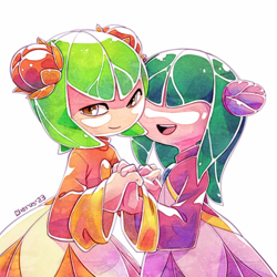 Size: 1000x1000 | Tagged: safe, artist:cheroy, seedrian, 2023, daisy the seedrian, duo, female, hair over eyes, hands together, holding hands, implied lesbian, implied shipping, starla the seedrian, white background
