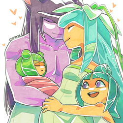 Size: 1000x1000 | Tagged: safe, artist:cheroy, cosmo the seedrian, galaxina the seedrian, seedrian, 2023, baby, earthia the seedrian, family, father and child, father and daughter, female, hugging, lucas the seedrian, male, mother and child, mother and daughter, quartet, siblings, sisters, tablet, younger