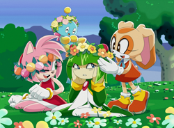 Size: 1700x1250 | Tagged: safe, artist:cheroy, amy rose, cheese (chao), cosmo the seedrian, cream the rabbit, chao, hedgehog, rabbit, seedrian, best friends, female, flower, flower crown, happy, sitting