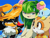 Size: 1320x1000 | Tagged: safe, artist:cheroy, cheese (chao), cosmo the seedrian, cream the rabbit, shadow the hedgehog, chao, hedgehog, rabbit, seedrian, blushing, clothes, female, hat, male, quartet, shirt