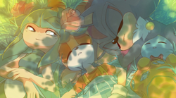 Size: 1800x1000 | Tagged: safe, artist:cheroy, cheese (chao), cosmo the seedrian, cream the rabbit, shadow the hedgehog, chao, hedgehog, rabbit, seedrian, female, grass, looking at them, lying down, male, quartet, sleeping
