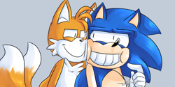 Size: 1000x500 | Tagged: safe, artist:prosonic, miles "tails" prower, sonic the hedgehog, fox, hedgehog, 2012, cheek squish, cheek to cheek, duo, grey background, looking at each other, shrunken pupils, simple background, smile, smiling at each other, wide smile