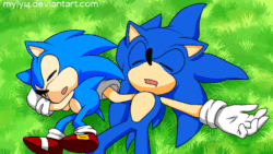 Size: 640x360 | Tagged: safe, artist:myly14, sonic the hedgehog, hedgehog, 2015, animated, classic sonic, duo, duo male, eyes closed, gif, grass, lidded eyes, lying down, male, males only, mouth open, outdoors, self paradox, sleeping