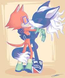 Size: 7472x9000 | Tagged: safe, artist:ufonalien, gadget the wolf, infinite the jackal, jackal, wolf, 2020, duo, eyes closed, gay, holding each other, kiss, rookinite, shipping, signature, standing, tail around leg