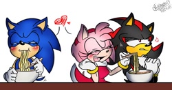 Size: 736x388 | Tagged: safe, artist:meggie-meg, amy rose, shadow the hedgehog, sonic the hedgehog, hedgehog, 2015, blushing, bowl, chopsticks, cross popping vein, eating, eyes closed, female, food, frown, hands together, heart, holding something, looking away, looking offscreen, male, ramen, simple background, smile, table, trio, white background