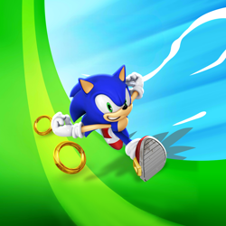 Size: 2000x2000 | Tagged: safe, sonic the hedgehog, hedgehog, 3d, looking at viewer, male, official artwork, ring, running, smile, smiling at viewer, solo, solo male, sonic dash, treads, wallpaper