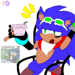 Size: 1280x1280 | Tagged: safe, artist:rowanxd, sonic the hedgehog, hedgehog, bandana, chair, crystal ring, cup, ear fluff, eyewear on head, fingerless gloves, flat colors, gloves, goggles, goggles on head, holding something, let me tell you why that's bullshit, lidded eyes, male, meme, mouth open, redraw, reference inset, simple background, sitting, solo, solo male, teacup, white background