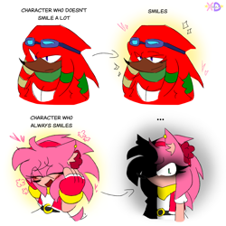Size: 1280x1280 | Tagged: safe, artist:rowanxd, amy rose, knuckles the echidna, echidna, hedgehog, ..., blushing, bust, dark skin, duality, duo, ear fluff, ear piercing, earring, english text, eye clipping through hair, eyes closed, eyewear on head, female, flat colors, frown, goggles, goggles on head, heart, looking at viewer, looking offscreen, male, shadowed face, simple background, smile, text, wagging tail, white background