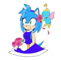 Size: 1280x1280 | Tagged: safe, artist:lightpinkhibiscus, amy rose, chao, hedgehog, 2018, agender, blue fur, blushing, color swap, duo, female, flower, heart, holding something, looking at them, looking offscreen, neutral chao, petal, petals, rose, signature, simple background, smile, white background