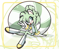 Size: 2587x2145 | Tagged: safe, artist:ambitious_cobbler906, oc, oc:sprout the lemur, lemur, abstract background, belly button, boots, clothes, crop top, female, jacket, midriff, oc only, open jacket, shorts, sitting, smile, solo, solo female, tongue out, v sign