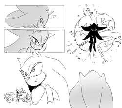 Size: 2000x1772 | Tagged: safe, artist:guitar_00000001, amy rose, knuckles the echidna, miles "tails" prower, shadow the hedgehog, sonic the hedgehog, 2025, comic, greyscale, group, looking at them, monochrome, simple background, sketch, white background