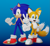 Size: 1349x1249 | Tagged: safe, artist:hunicrio, miles "tails" prower, sonic the hedgehog, fox, hedgehog, 2021, 3d, absurd res, duo, duo male, gradient background, hand on hip, male, males only, mouth open, open smile, redraw, smile, smiling at viewer, sonic and tails r (series), standing, thumbs up, v sign