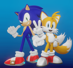 Size: 640x592 | Tagged: safe, artist:hunicrio, miles "tails" prower, sonic the hedgehog, fox, hedgehog, 2021, 3d, alternate version, duo, duo male, gradient background, hand on hip, male, males only, mouth open, open smile, redraw, smile, smiling at viewer, sonic and tails r (series), standing, thumbs up, v sign