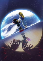 Size: 1448x2048 | Tagged: safe, artist:aur0raaura, maria robotnik, shadow the hedgehog, hedgehog, human, sonic x shadow generations, 2024, doom shadow, duo, earth, female, glass, indoors, male, reflection, space, space colony ark, standing, star (sky), window