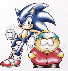 Size: 1966x2048 | Tagged: safe, artist:mamonoworld, sonic the hedgehog, hedgehog, human, 2026, child, crossover, duo, duo male, eric cartman, frown, leaning, leaning on them, male, males only, simple background, smile, south park, thumbs up, watermark, white background