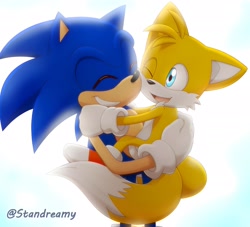Size: 2048x1862 | Tagged: safe, artist:standreamy, miles "tails" prower, sonic the hedgehog, fox, hedgehog, carrying them, duo, duo male, eyes closed, holding each other, hugging, male, males only, one eye closed, simple background, smile, standing, white background