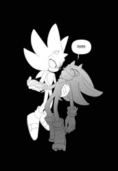 Size: 1374x2000 | Tagged: safe, artist:guitar_00000001, shadow the hedgehog, sonic the hedgehog, super sonic, 2025, black background, duo, greyscale, holding hands, holding them, korean text, looking at them, monochrome, simple background, speech bubble, super form