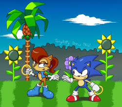 Size: 815x715 | Tagged: safe, artist:torykitty, sally acorn, sonic the hedgehog, chipmunk, hedgehog, green hill zone, 2015, classic sally, classic sonic, duo, holding something, ring, sally x sonic, sally's vest and boots, shipping, straight
